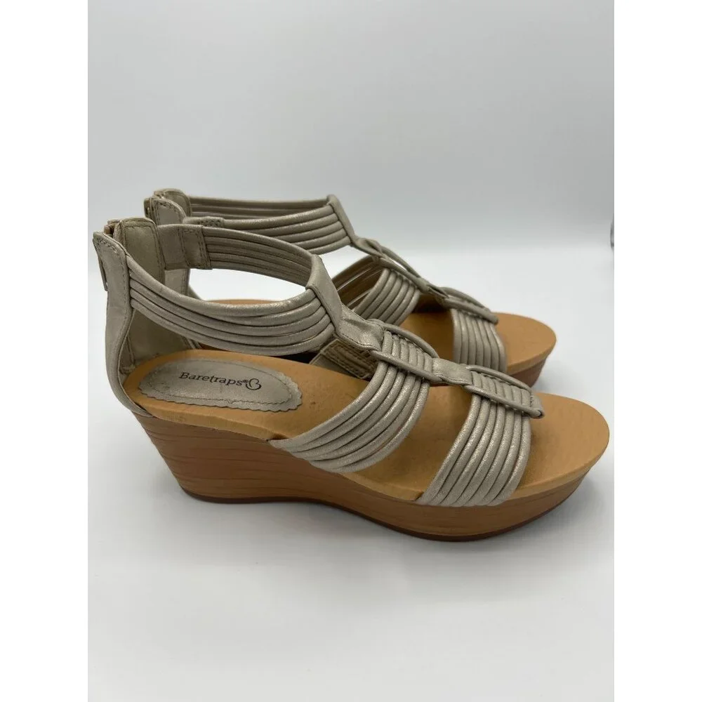 Baretraps Women's Strappy Stetchy Wedge Sandals Size 8M Gray Metallic
